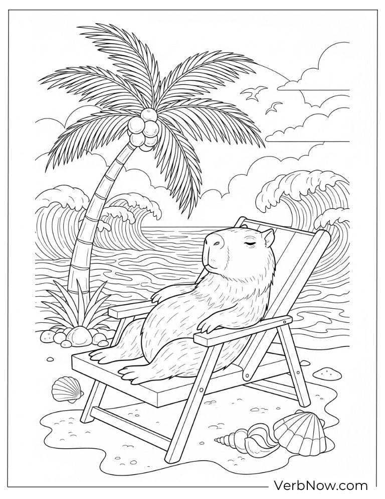 Lounging by the beach in a chill capybara coloring page