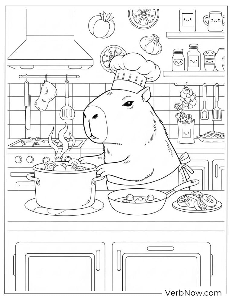 Cooking scene featured in a capybara coloring page