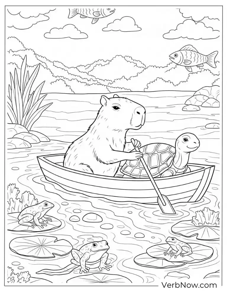 Rowing with ducklings in a peaceful capybara coloring page