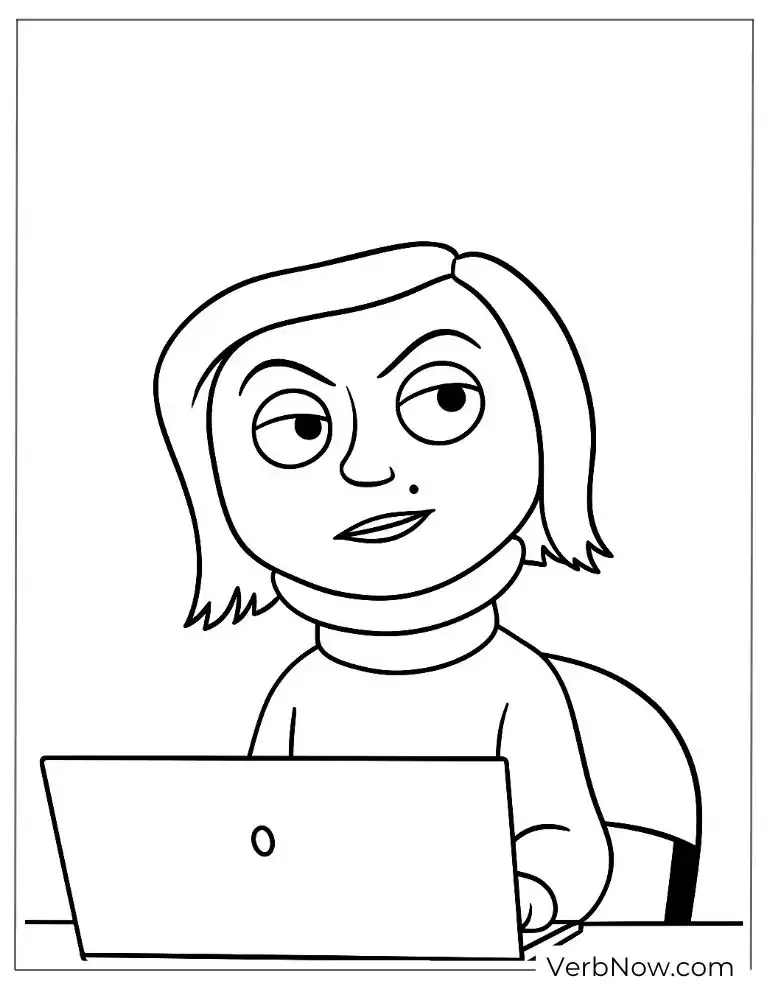 Mel Jones working on a laptop coloring page