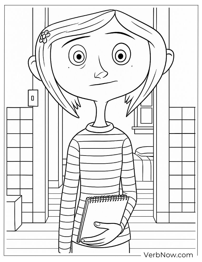 Coraline holding a notebook coloring page
