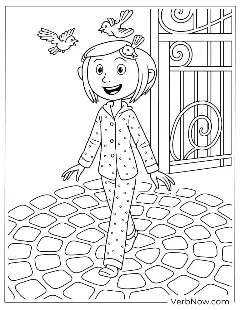 Coraline walking across a tiled floor