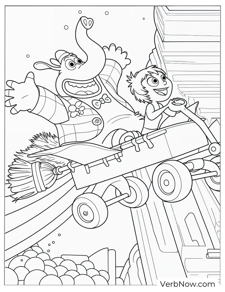 Bing Bong and Joy riding a special car
