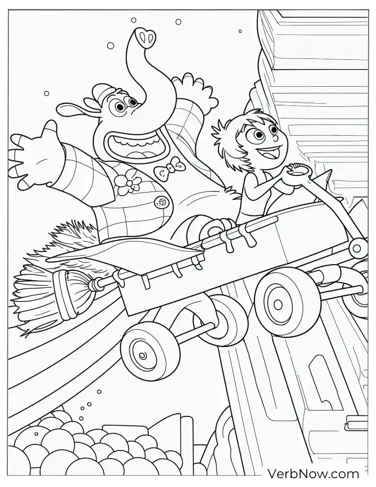 Bing Bong and Joy riding a special car
