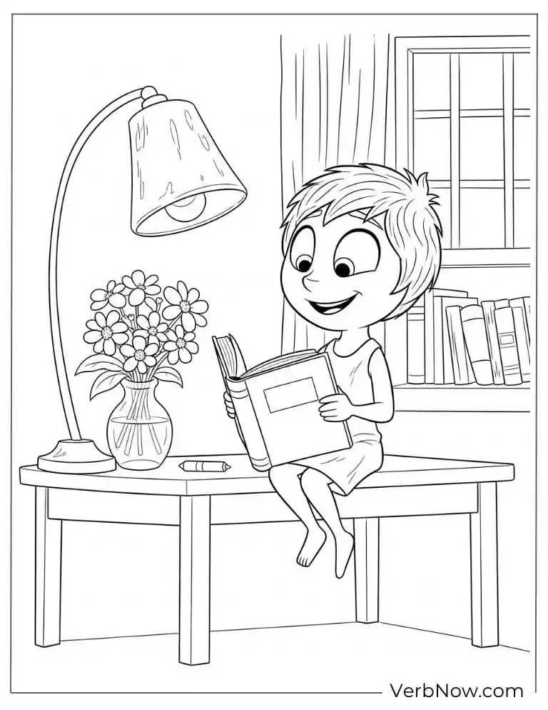 Joy reads a book at a cozy table