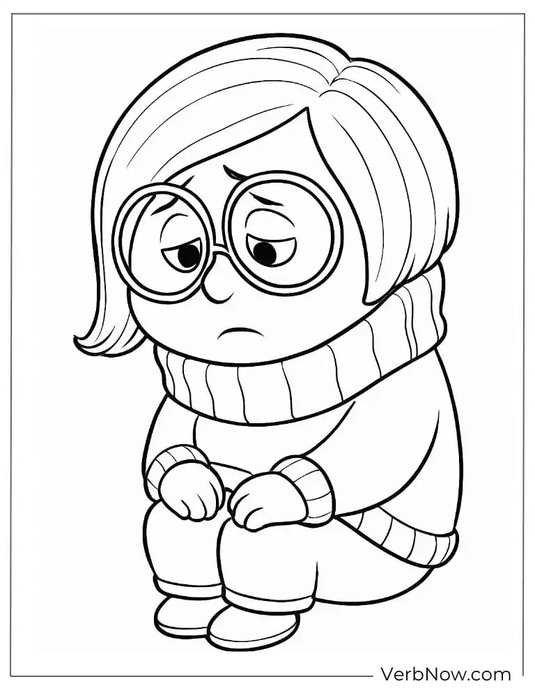 Sadness sits with a gloomy expression coloring page