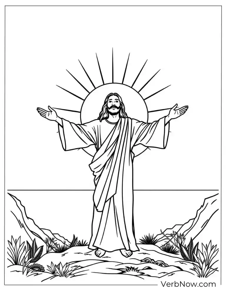 Jesus with sunrise coloring page for kids