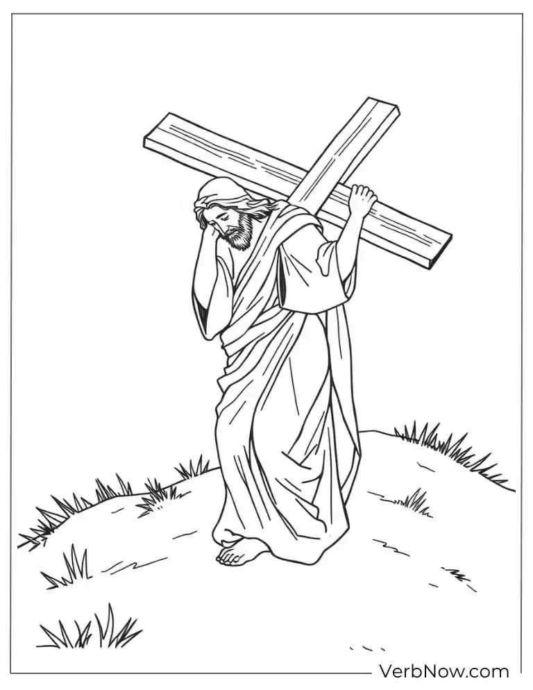 Jesus carrying the heavy cross coloring page