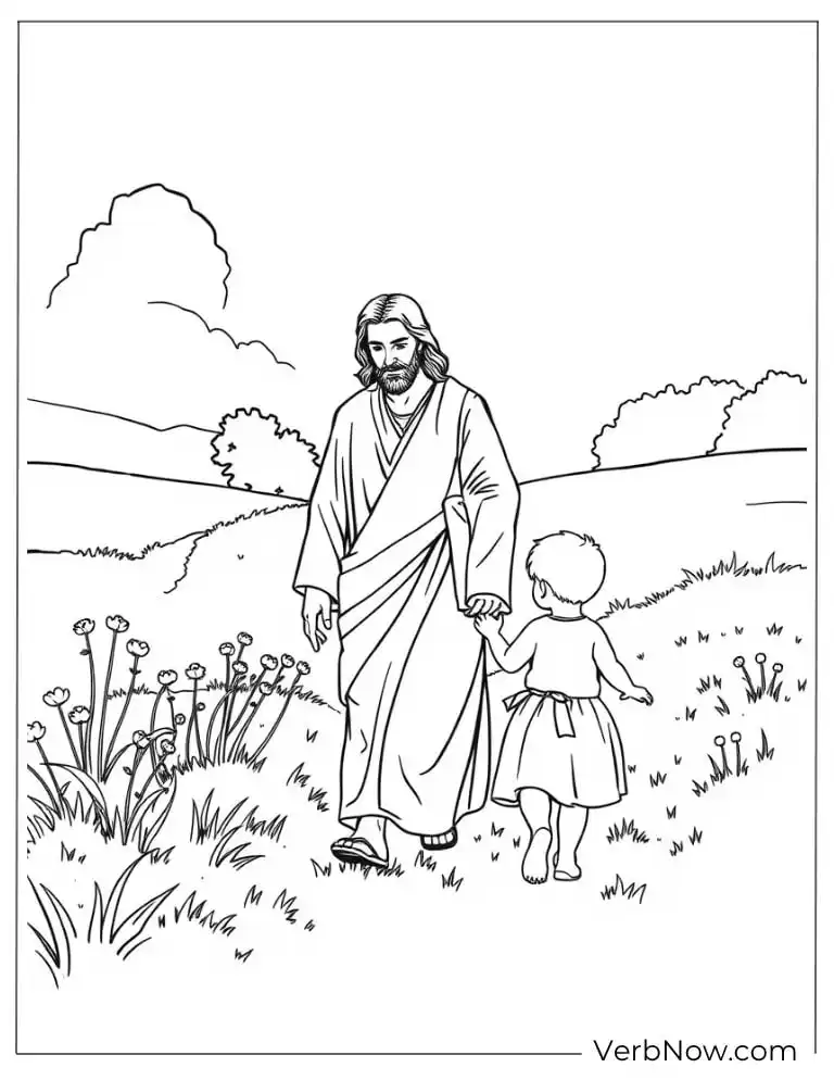 Jesus walking in a field with a small child