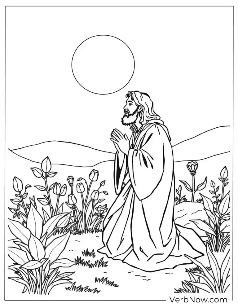 Jesus praying peacefully among flowers
