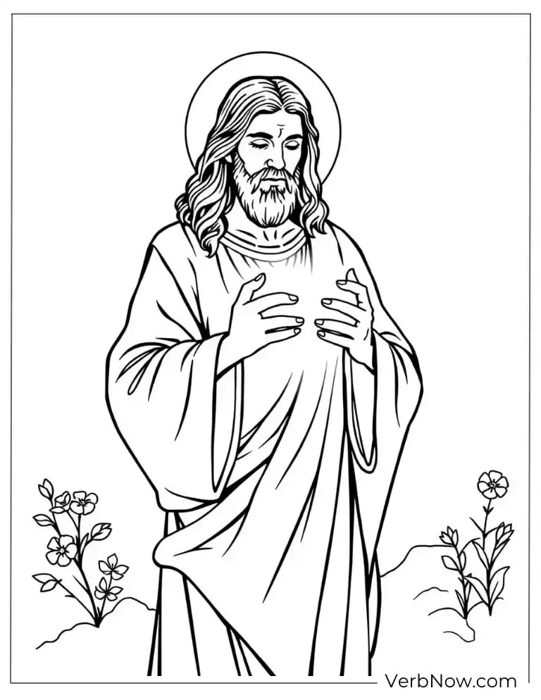 Jesus standing peacefully with flowers