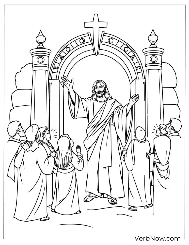Jesus teaching children near a church