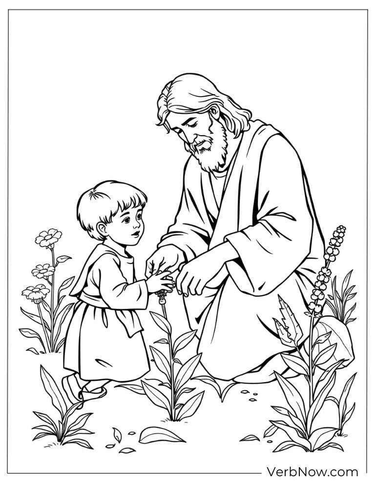 Jesus and a child in the garden coloring sheet