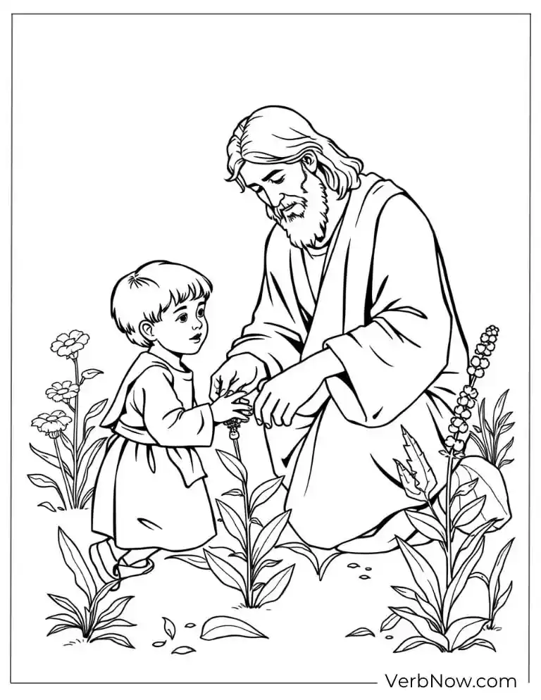 Jesus and a child in the garden coloring sheet