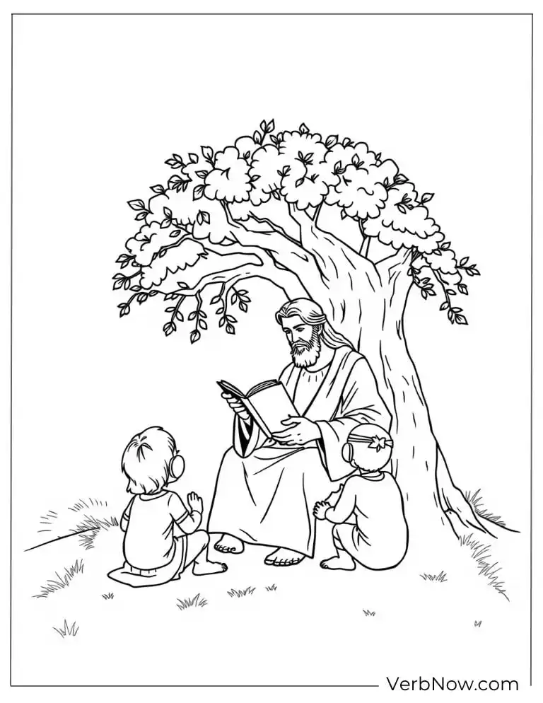 Jesus and two kids under a tree coloring page
