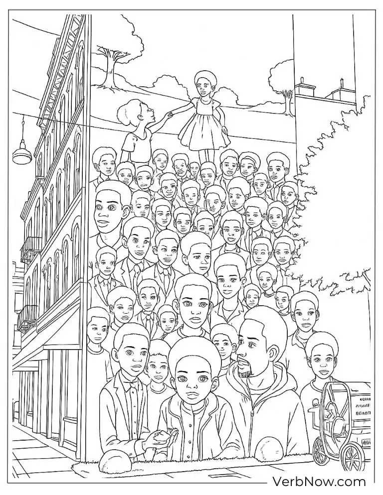A crowd gathering for a Juneteenth event coloring page