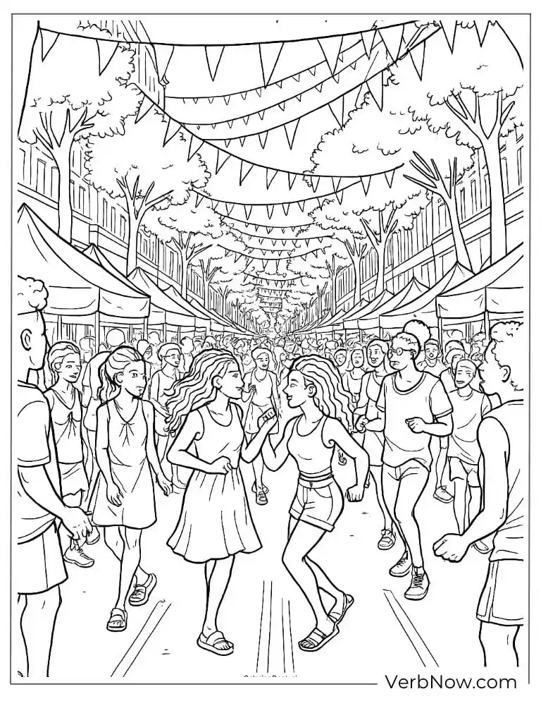Coloring page of street festival filled with dancing and joy