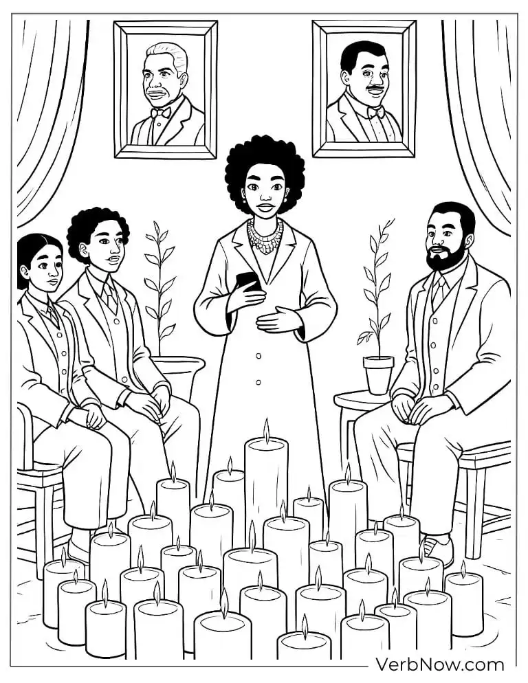 Coloring page of solemn Juneteenth memorial ceremony