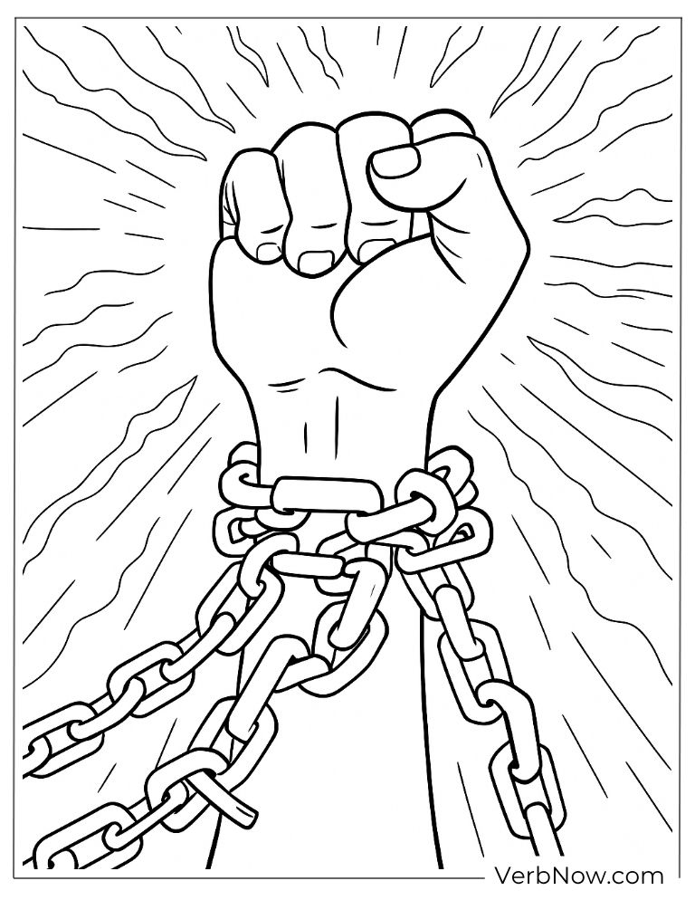 Raised fist breaking free from chains coloring page
