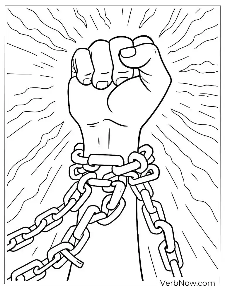 Raised fist breaking free from chains coloring page