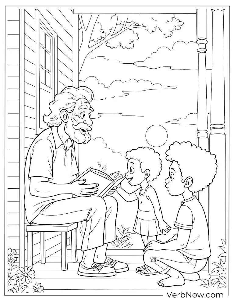 Grandfather telling stories to children coloring page