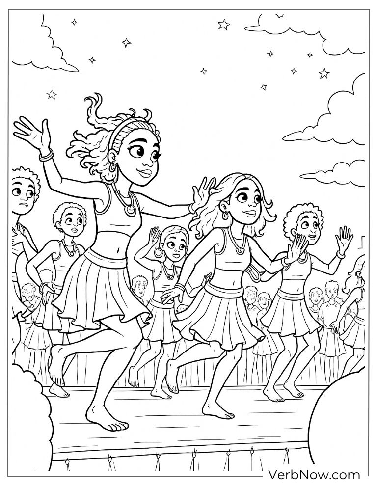 Girls dancing freely in celebration coloring page