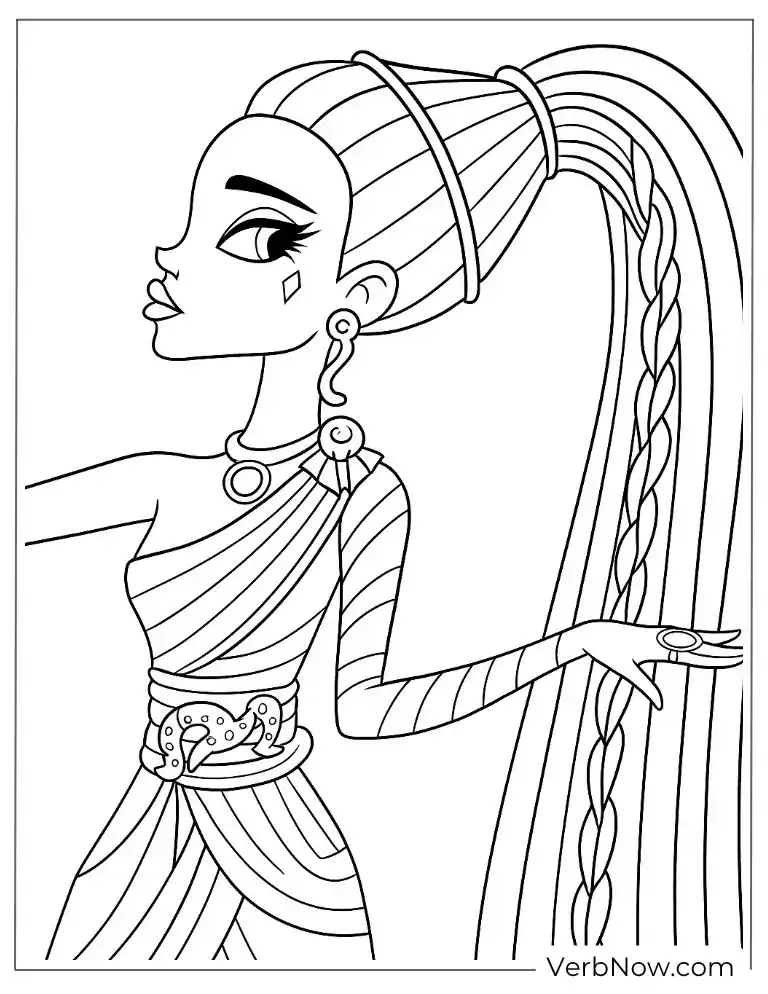 Cleo de Nile with her long braid coloring sheet