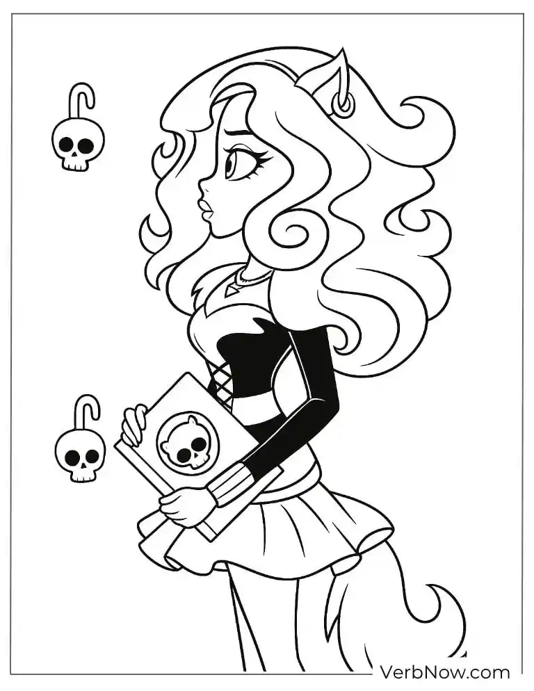 Clawdeen holding a skull book coloring page