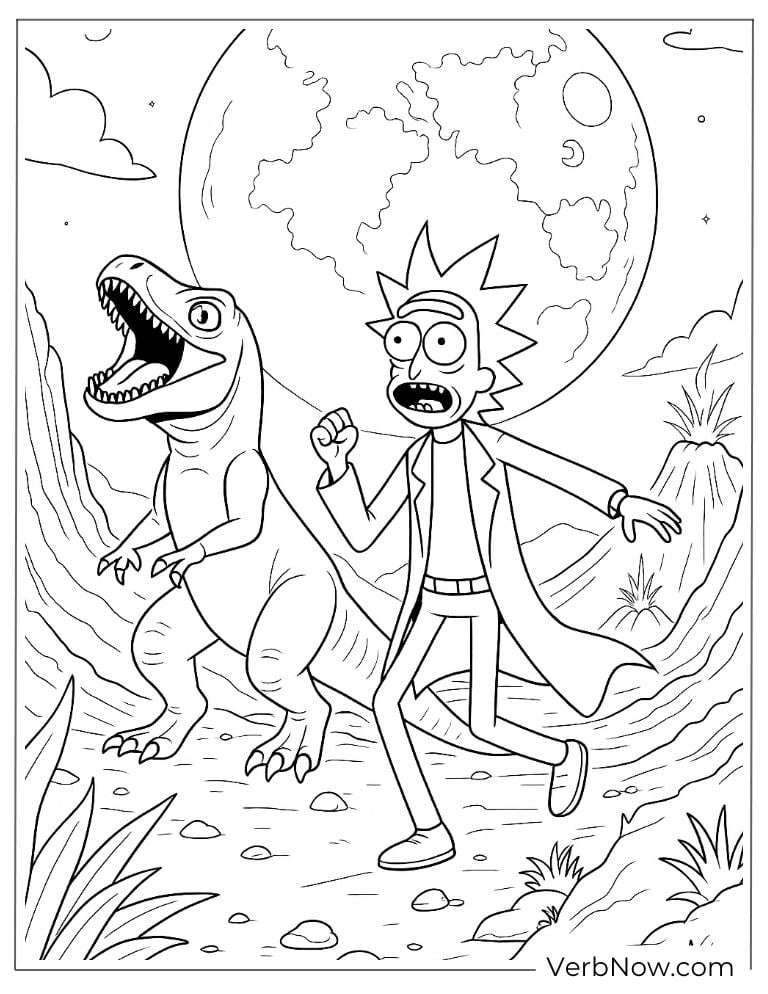 Rick and a dinosaur under the moonlight