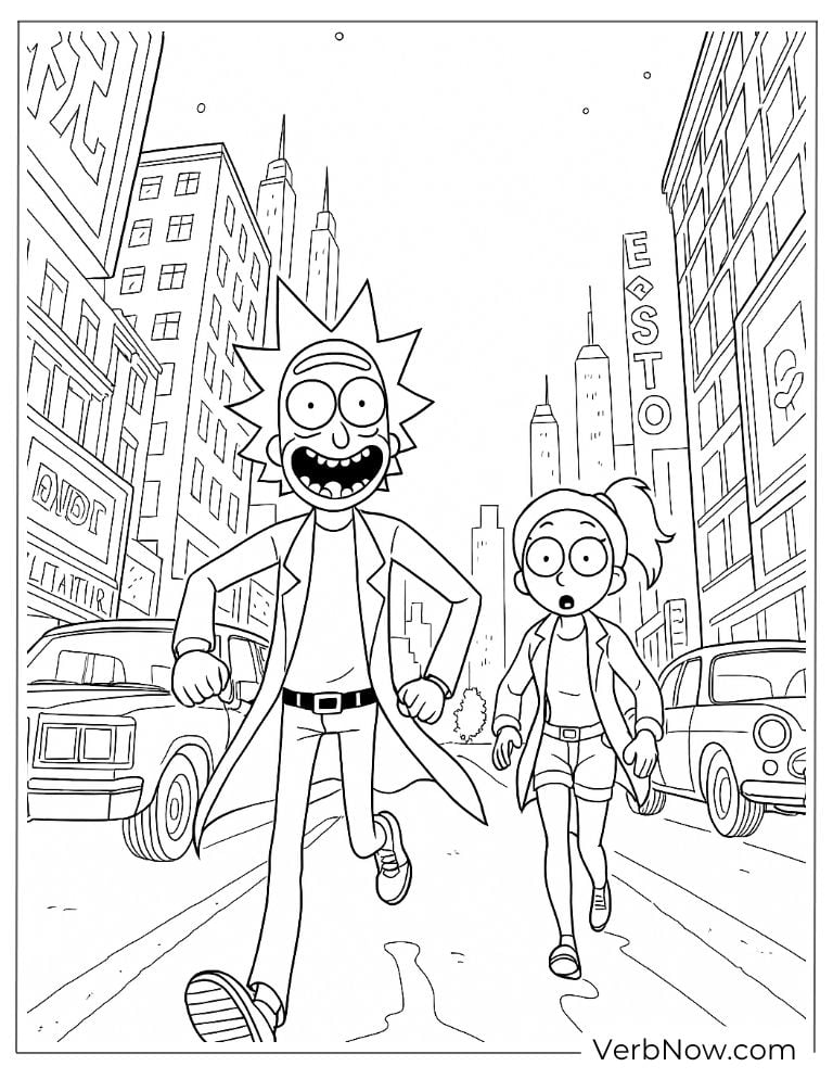 Rick in a busy city street coloring page