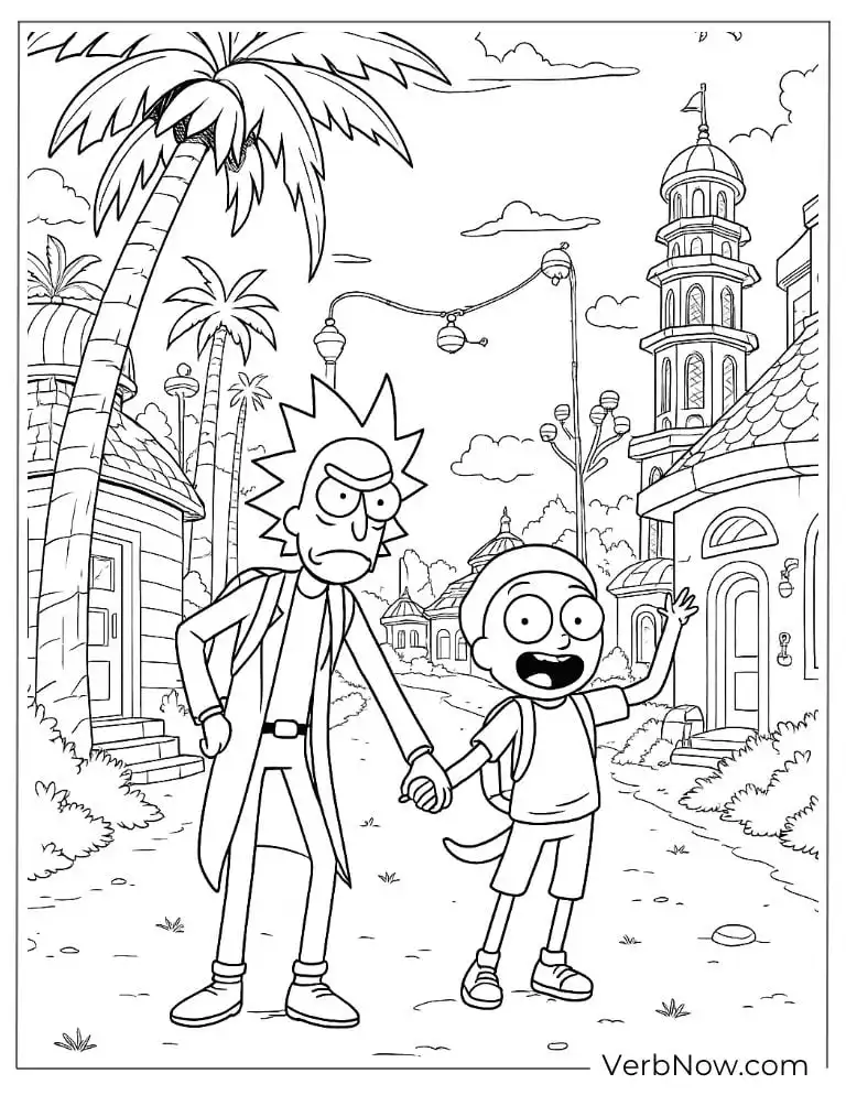 Coloring page of Rick and Morty in ancient town