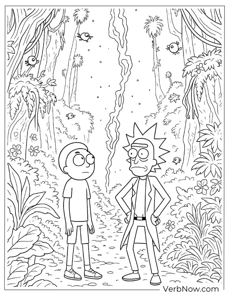 Rick and Morty in a dense alien jungle