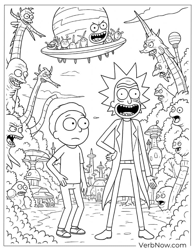 Rick and Morty coloring page with aliens