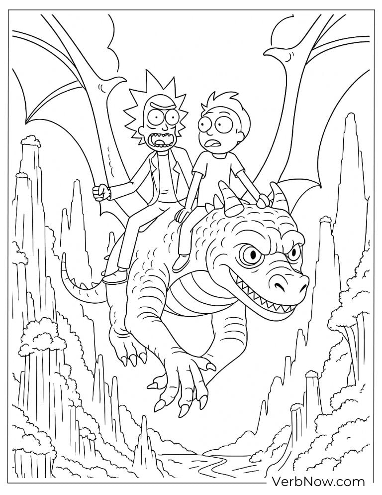 Rick and Morty flying the dragon coloring page
