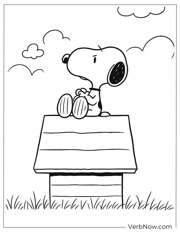 Snoopy sits on top of house coloring page