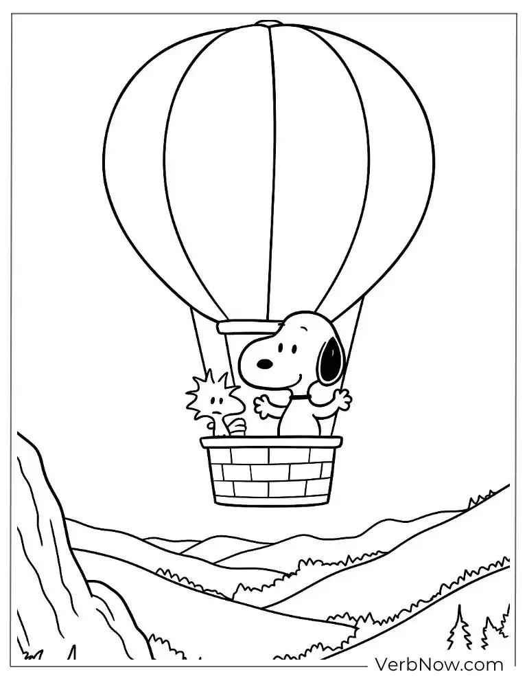 Snoopy rides a hot air balloon coloring sheet
