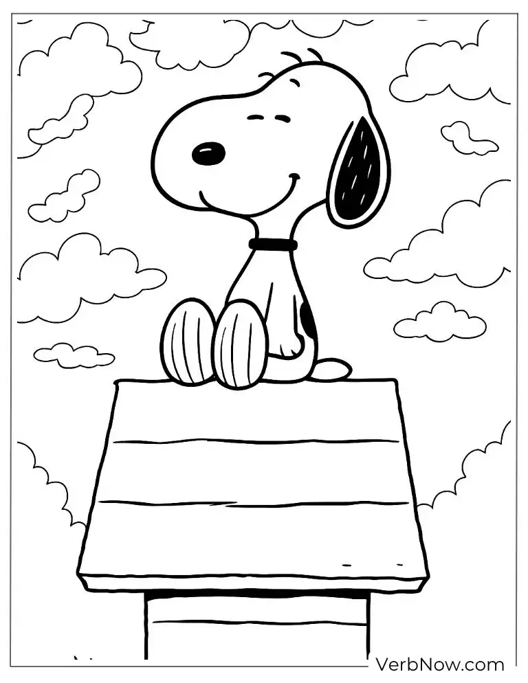 Coloring page of Snoopy sits on his doghouse