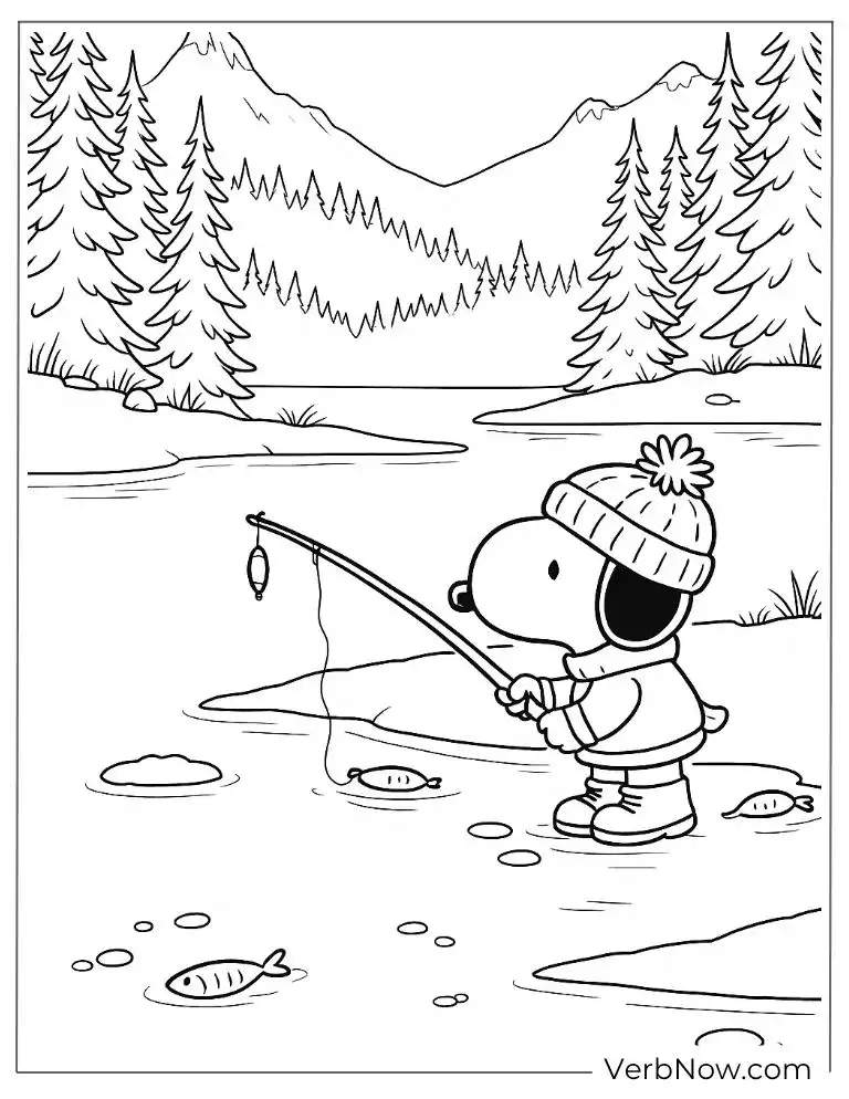 Snoopy ice fishes at a snowy lake