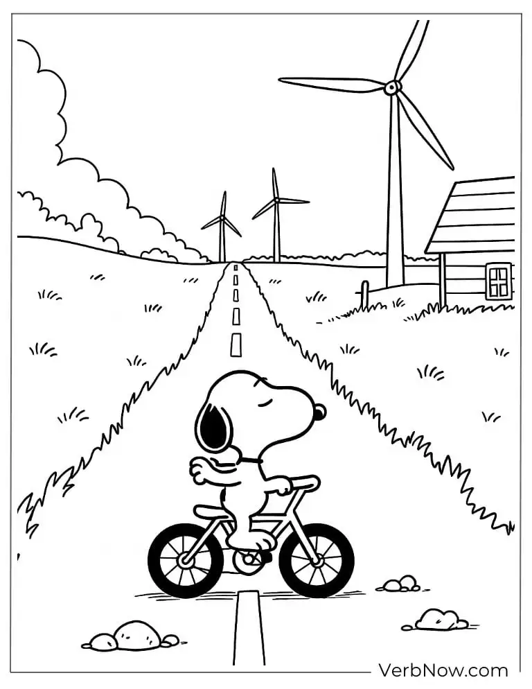Snoopy rides a bicycle down a country road