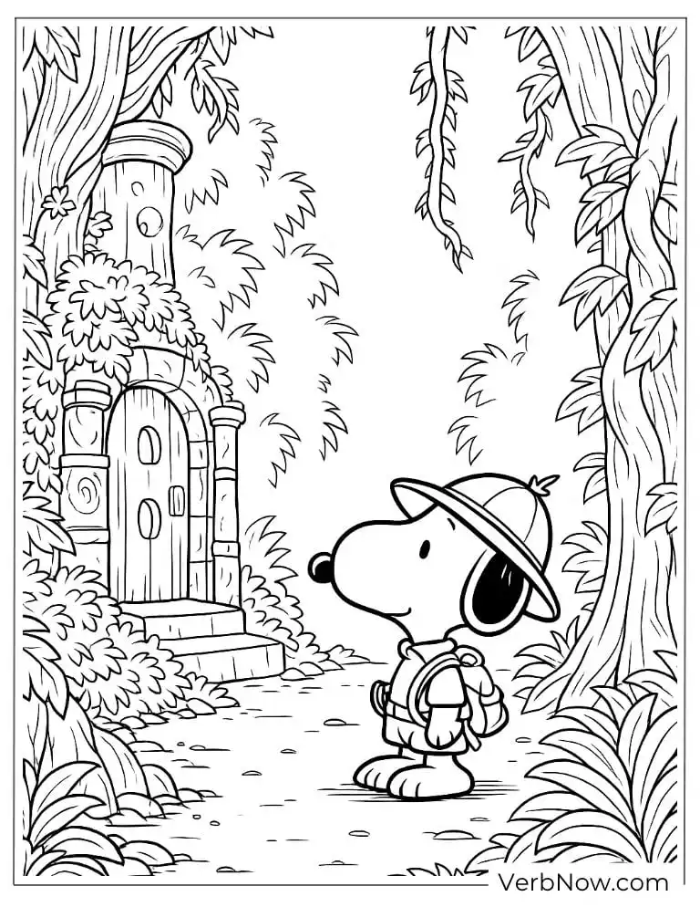 Coloring page of Snoopy explores a forest