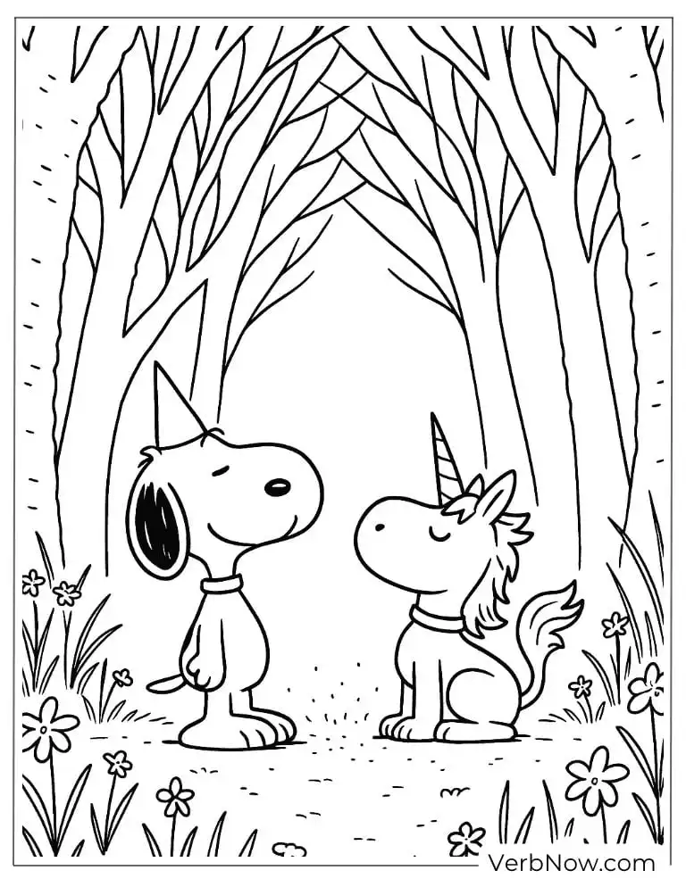 Snoopy and friendly unicorn coloring picture
