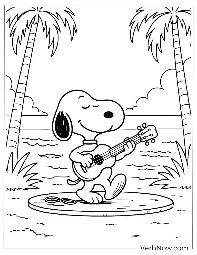 Snoopy relaxes on a beach coloring sheet