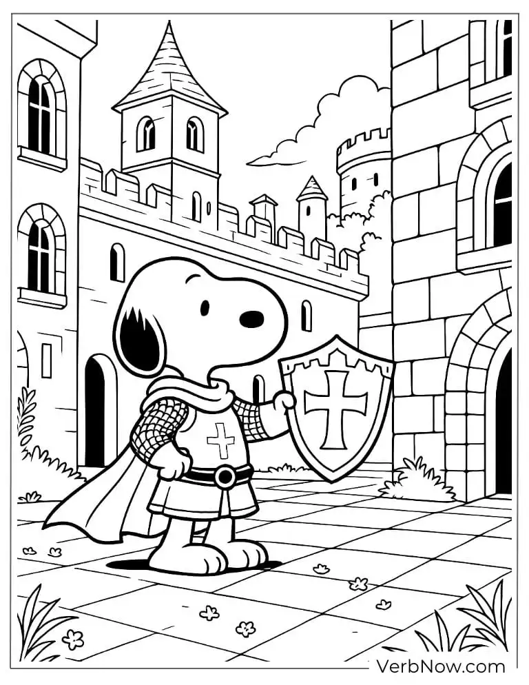 Snoopy dresses as a brave knight coloring page