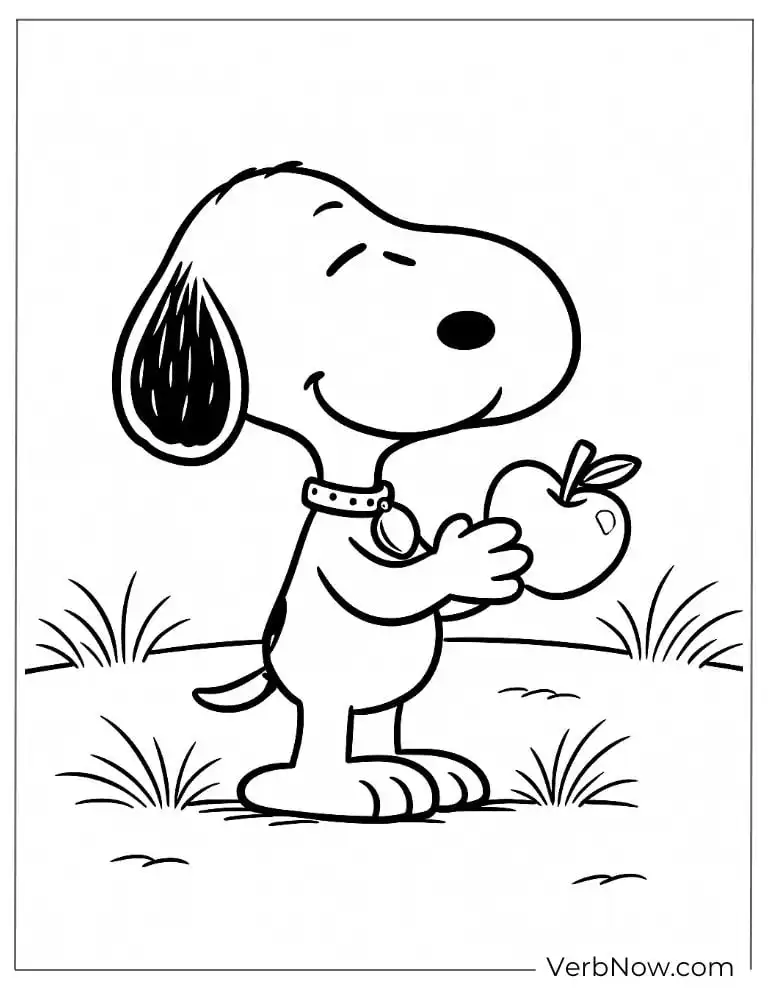 Snoopy holds an apple coloring sheet