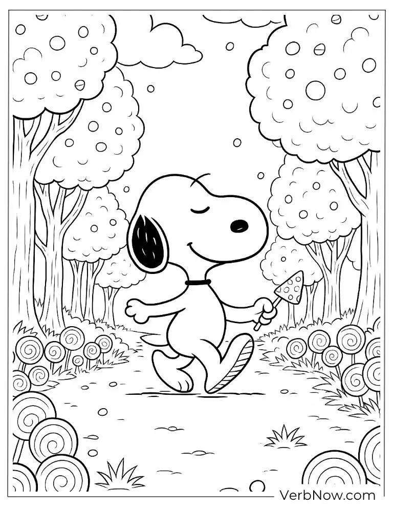 Snoopy in the candy forest coloring page