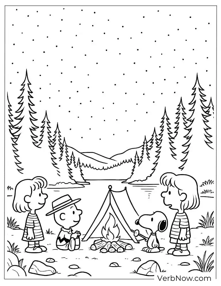 Snoopy enjoys a campfire friends coloring page