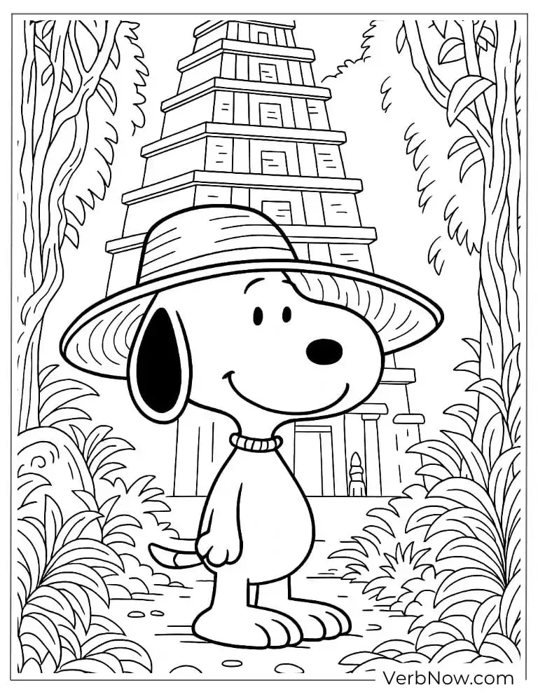 Snoopy explores an ancient temple coloring page