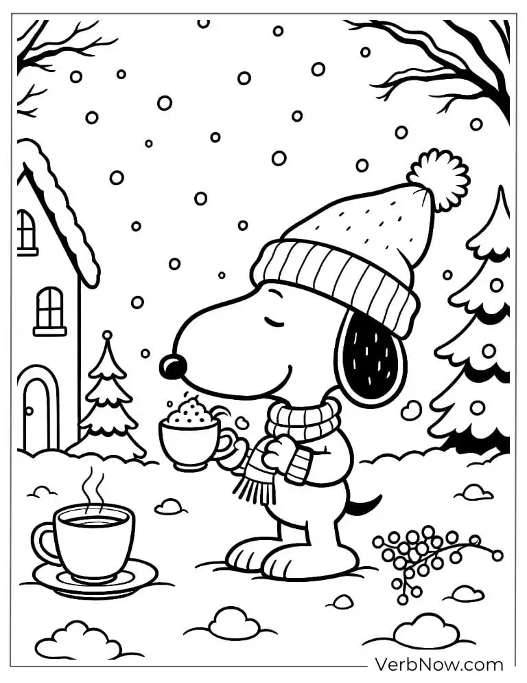 Snoopy enjoys hot cocoa on a snowy winter day