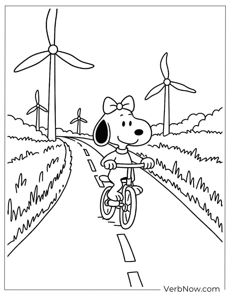 Snoopy rides a bicycle coloring page
