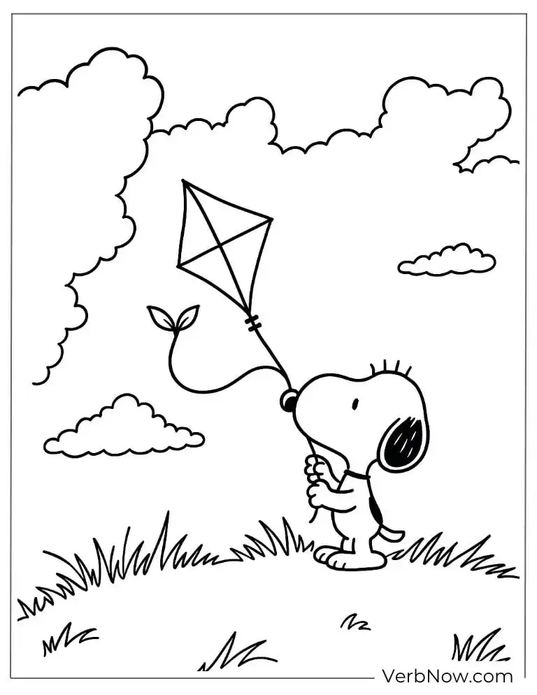 Snoopy flies a kite coloring page